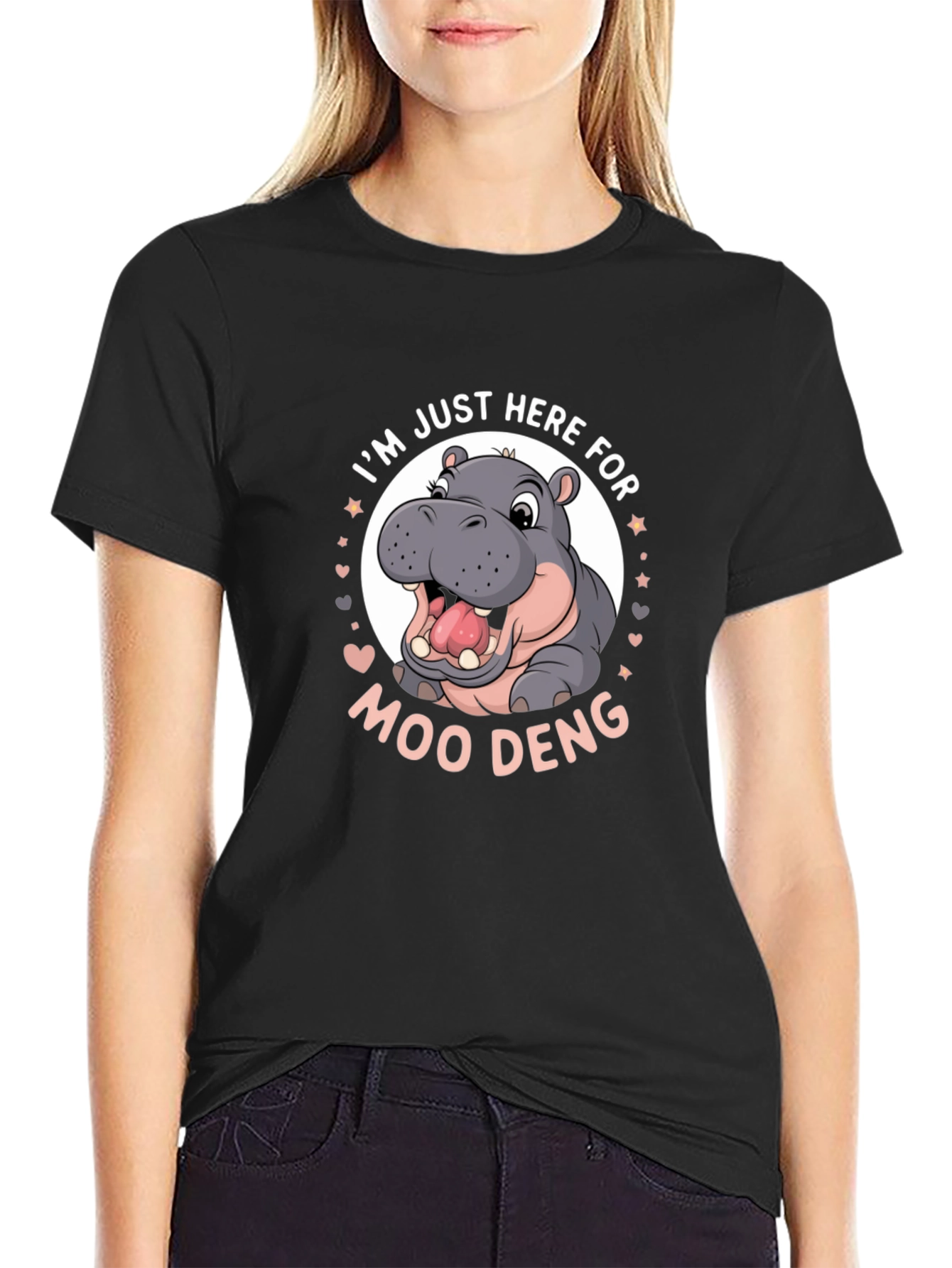 Camiseta Negra Moo Deng con Hipopótamo Animado