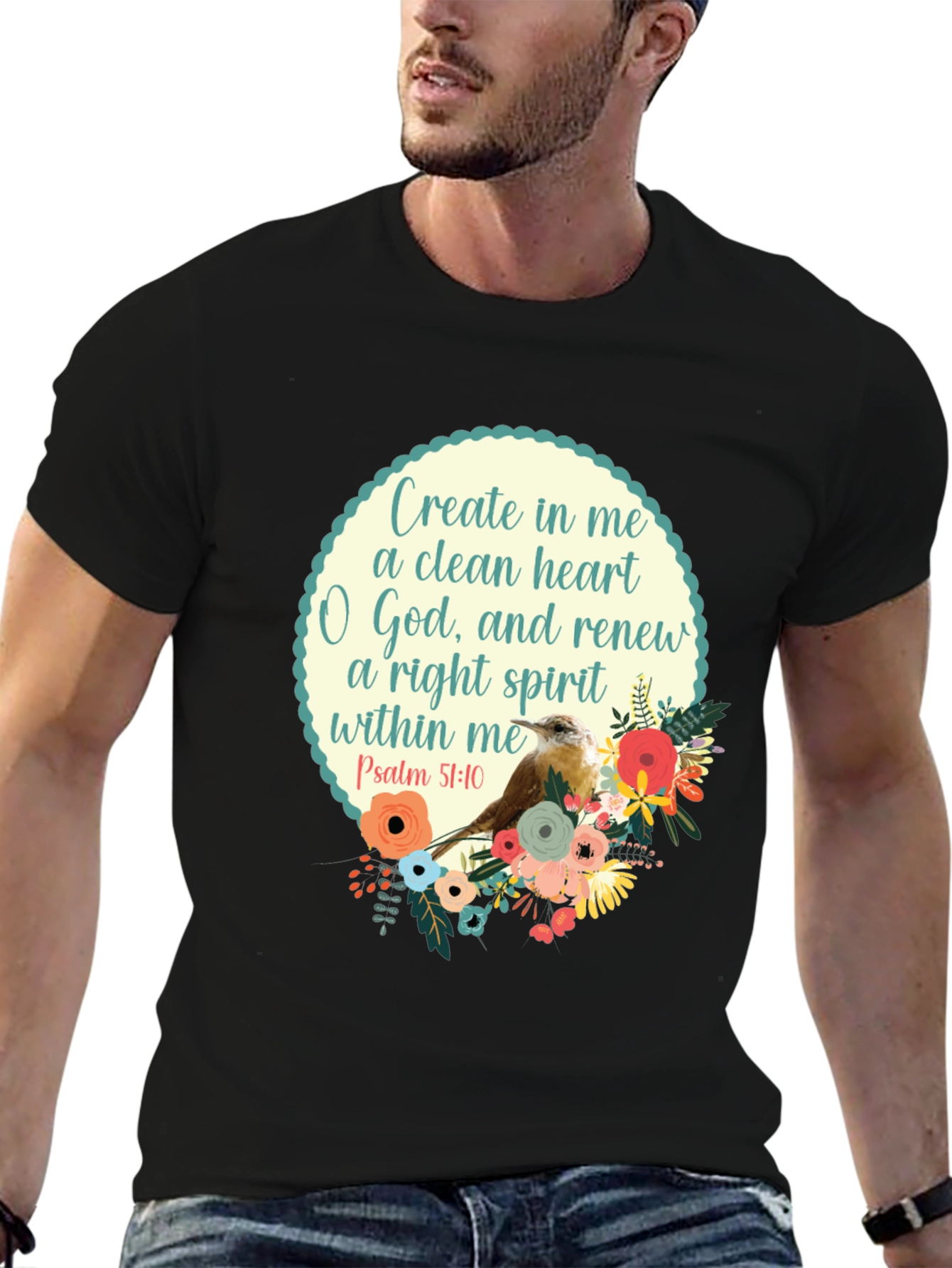 Camiseta Negra con Diseño Inspirador y Floral