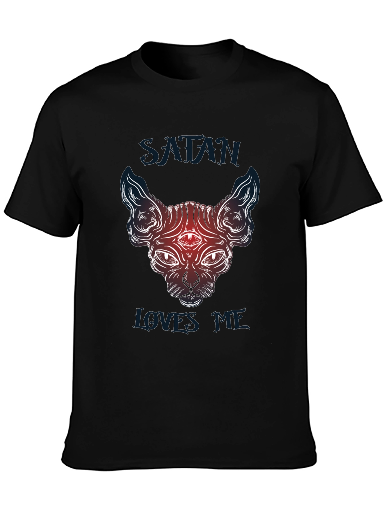 Camiseta Negra Satánica Gato Sphynx Satán Me Ama