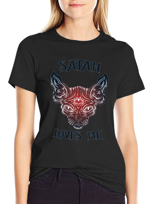 Camiseta Negra Satánica Gato Sphynx Satán Me Ama