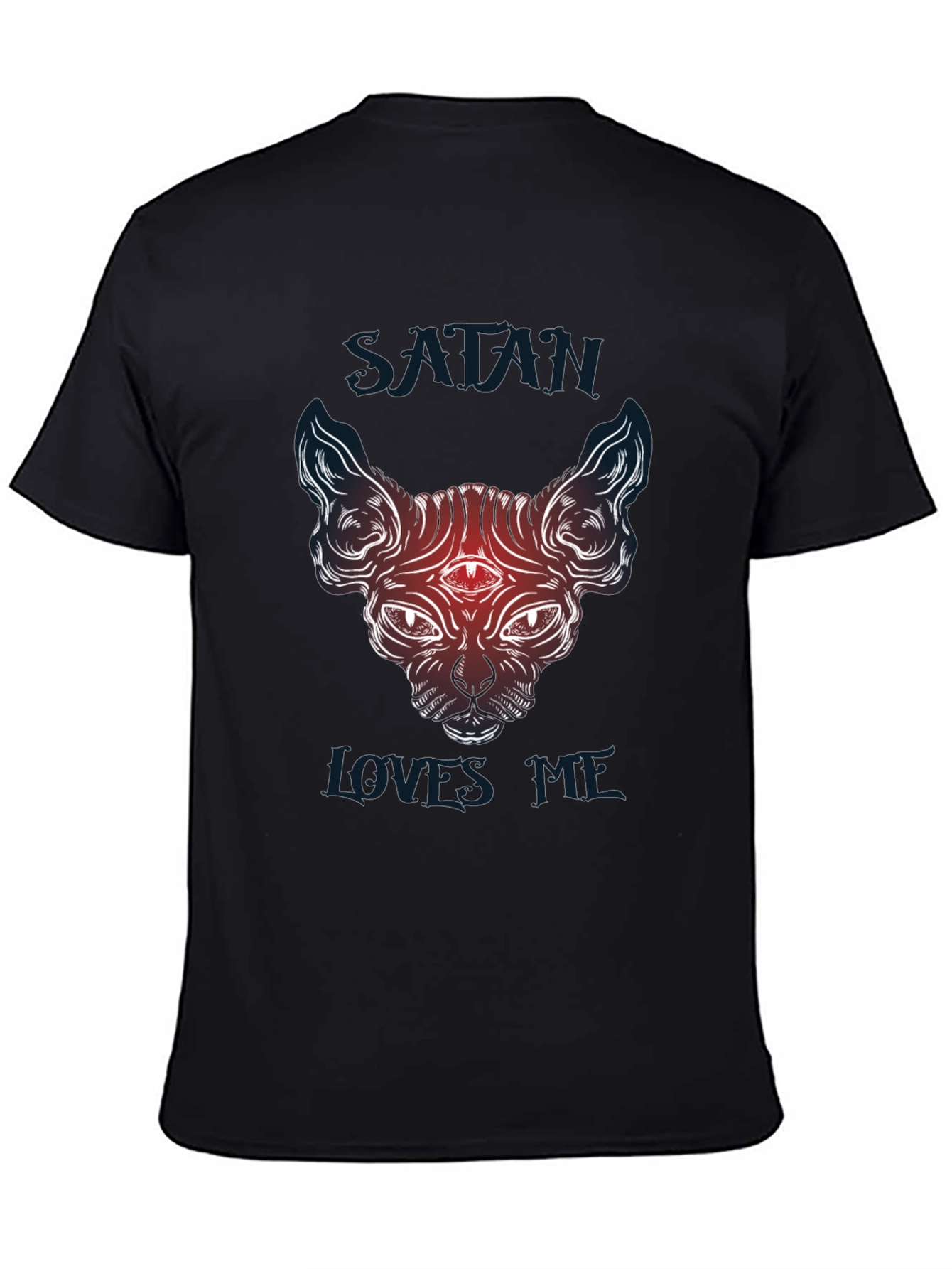 Camiseta Negra Satánica Gato Sphynx Satán Me Ama