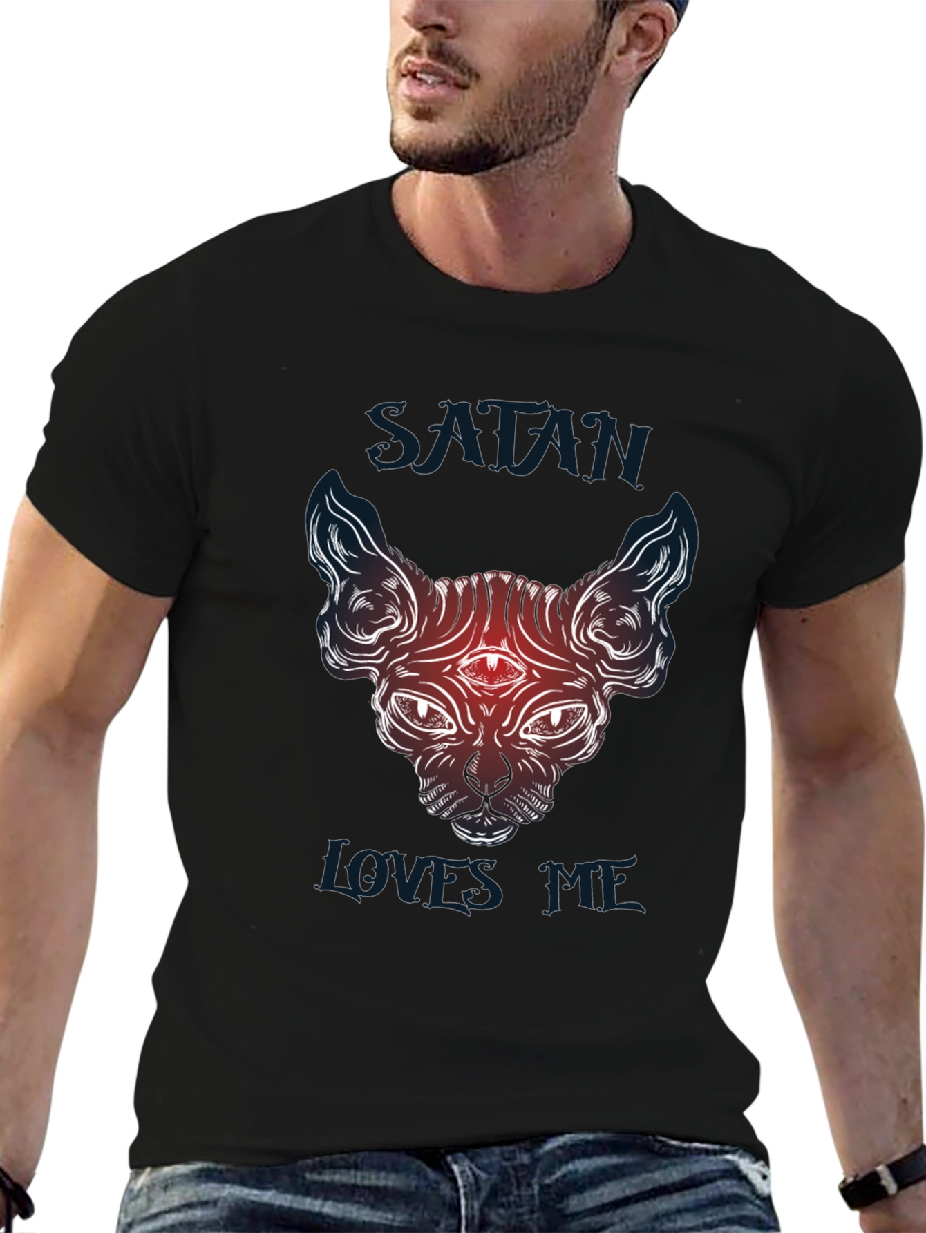 Camiseta Negra Satánica Gato Sphynx Satán Me Ama