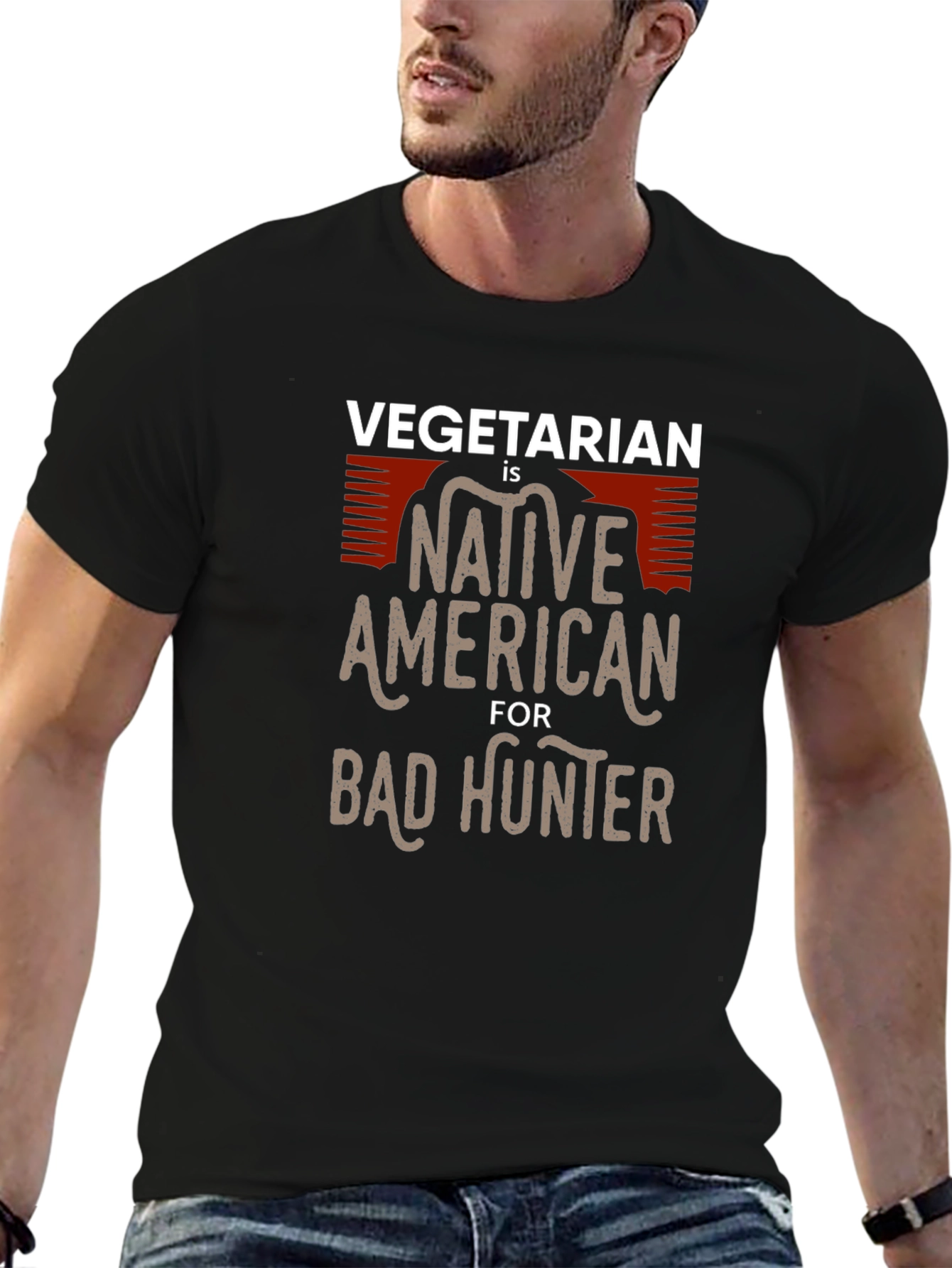 Camiseta Negra: Vegetariano Nativo Americano Cazador
