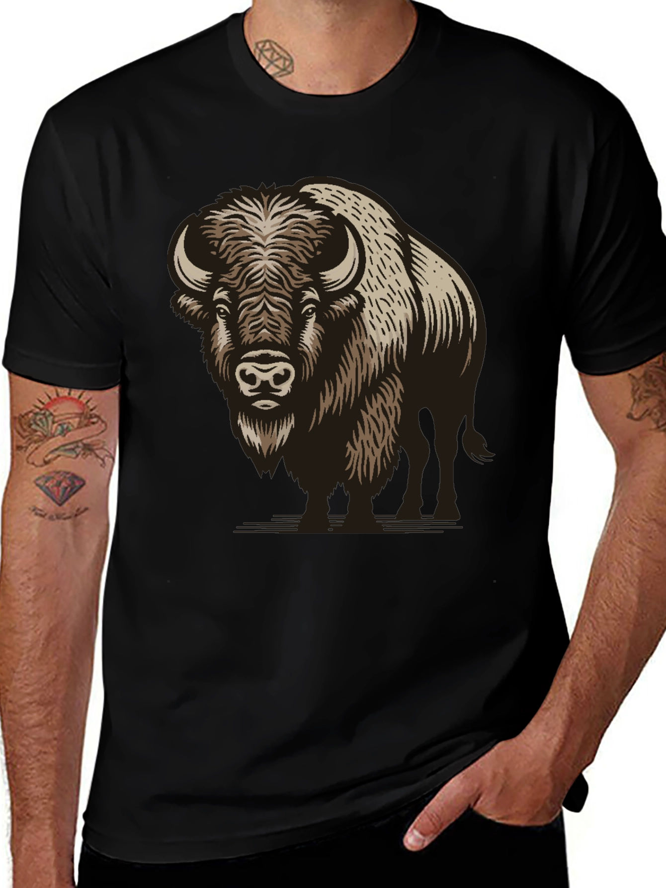 Camiseta Negra con Estampado de Búfalo