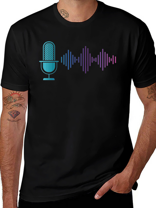 Camiseta Negra con Diseño de Micrófono y Ondas de Sonido