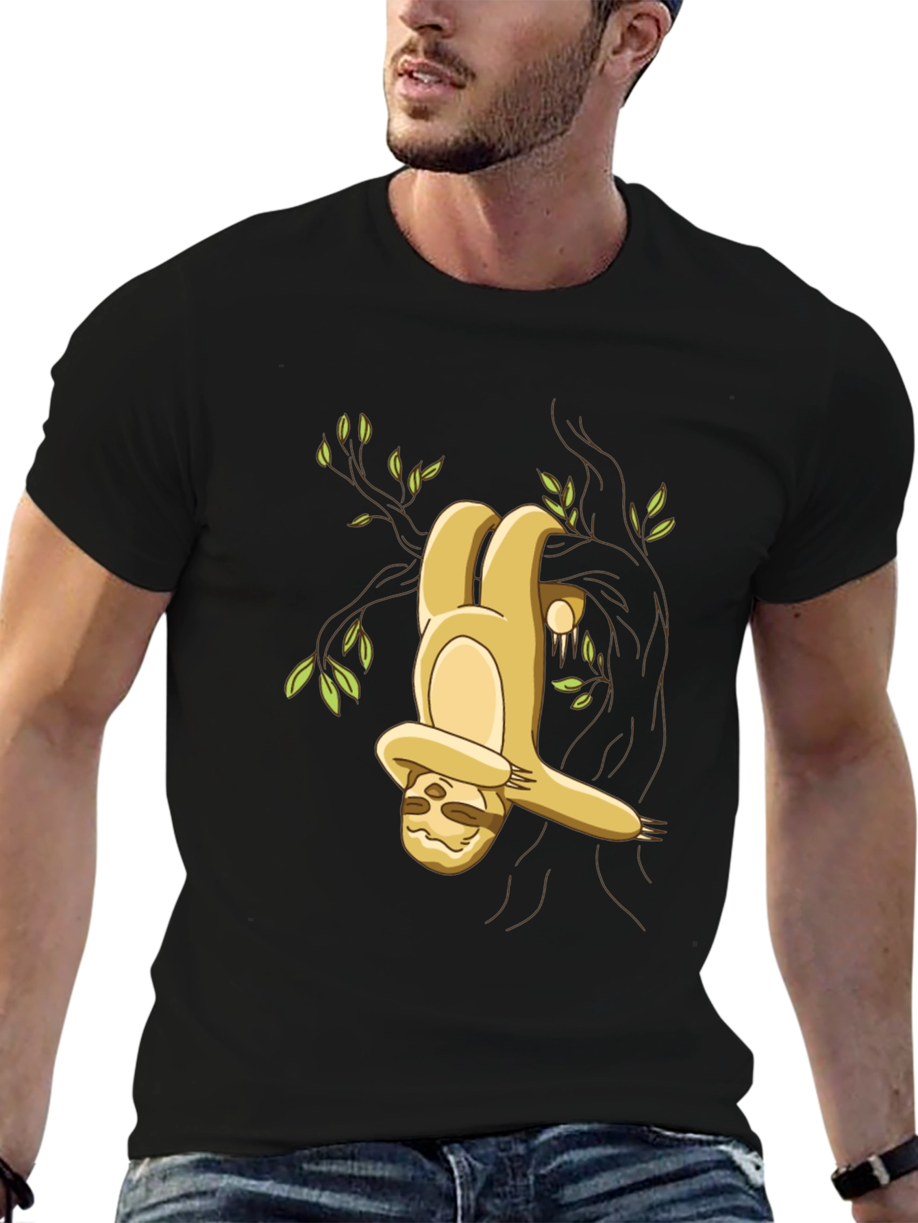 Camiseta Negra con Diseño de Perezoso Colgando