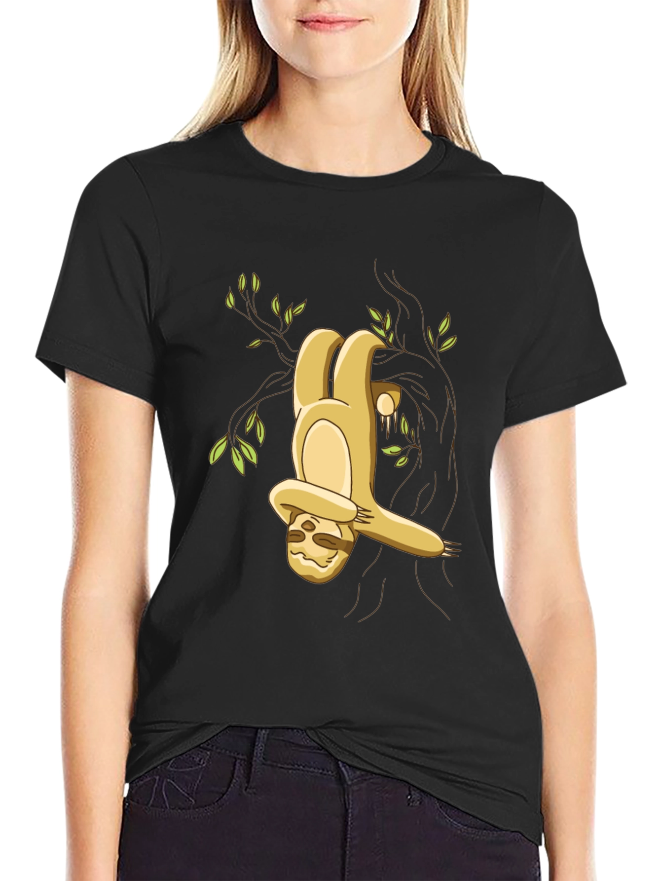 Camiseta Negra con Diseño de Perezoso Colgando