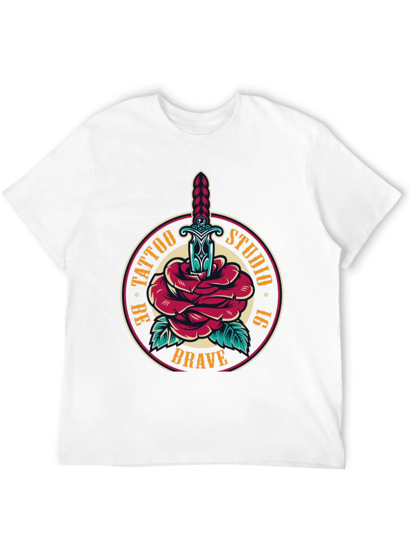 Camiseta Negra Estilo Tatuaje Rosa y Daga Be Brave