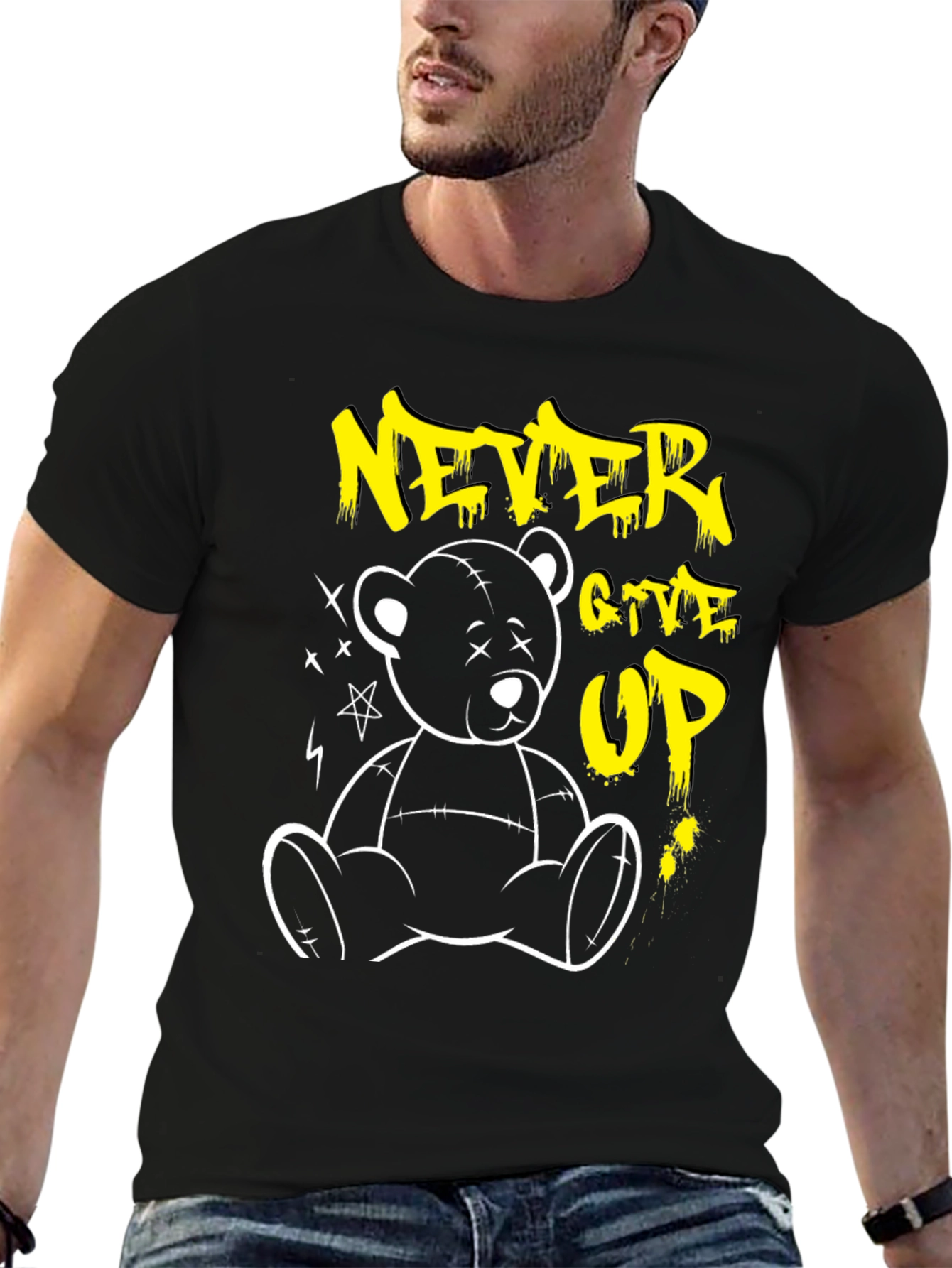 Camiseta Negra Never Give Up Oso de Peluche