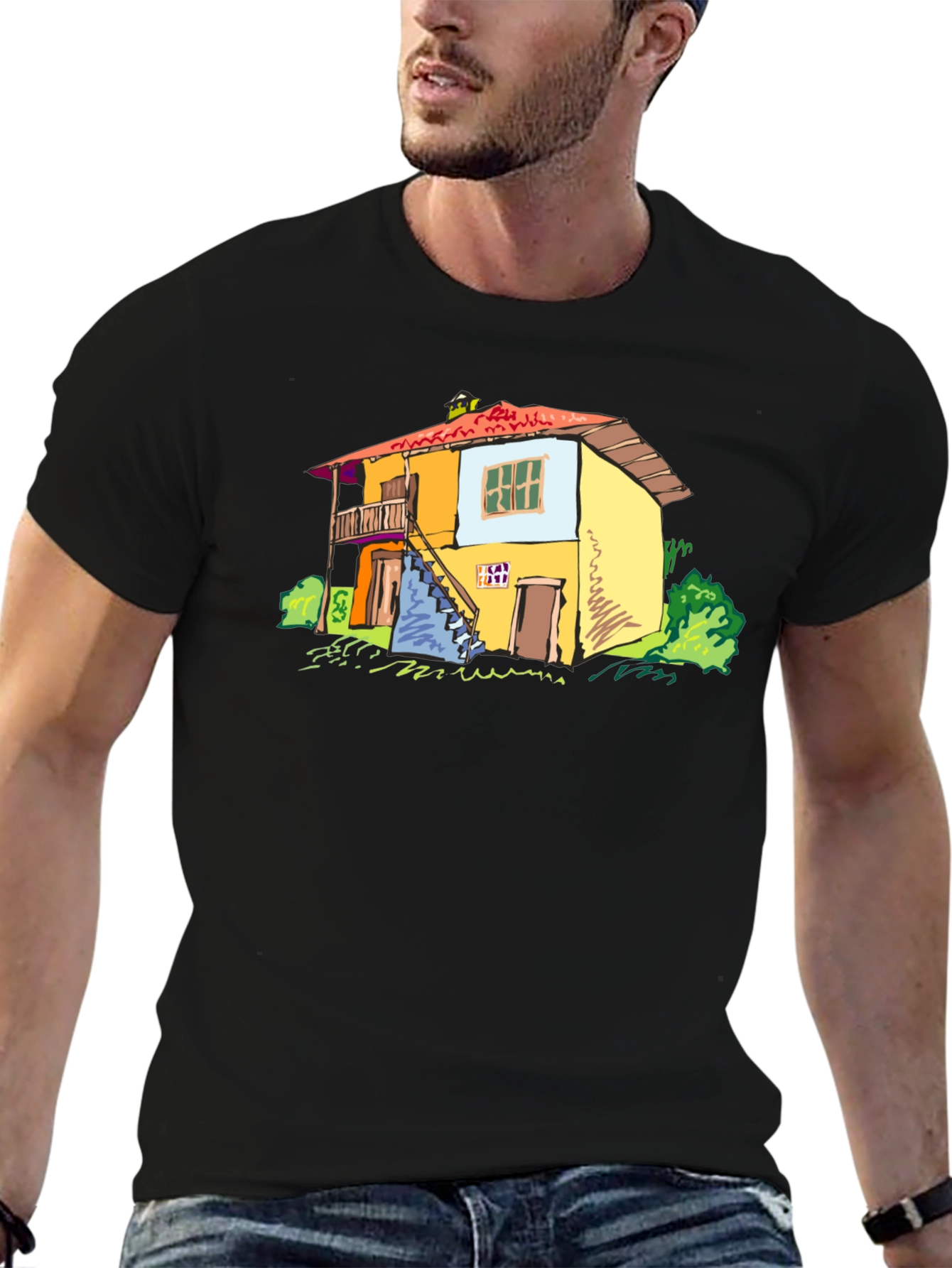 Camiseta Negra con Diseño de Casa Amarilla