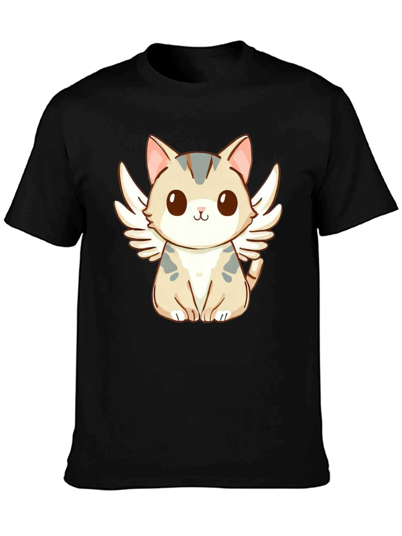 Camiseta Negra con Gato Ángel Kawaii