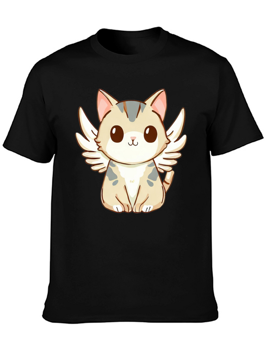 Camiseta Negra con Gato Ángel Kawaii