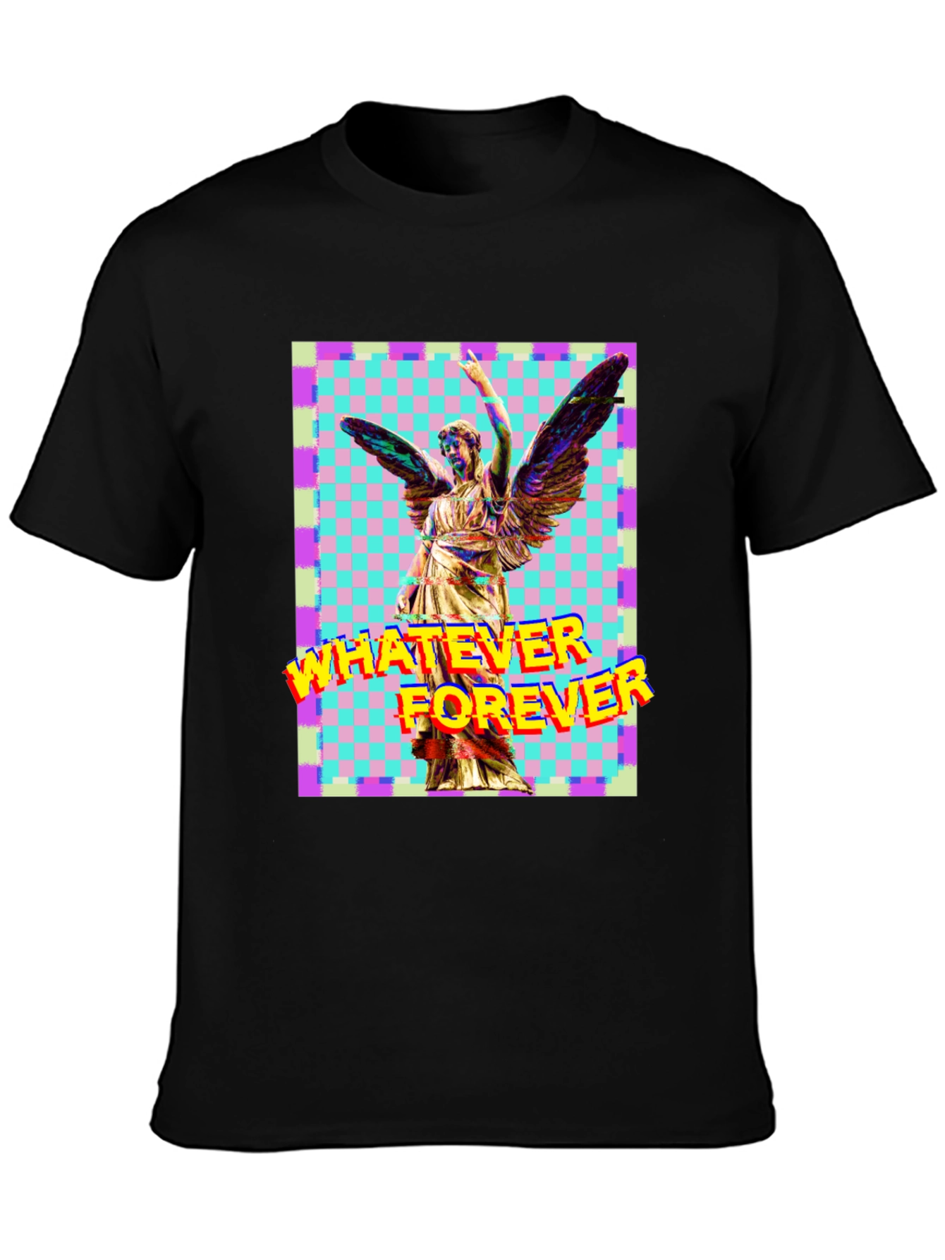 Camiseta Negra con Diseño Artístico de Ángel y Texto