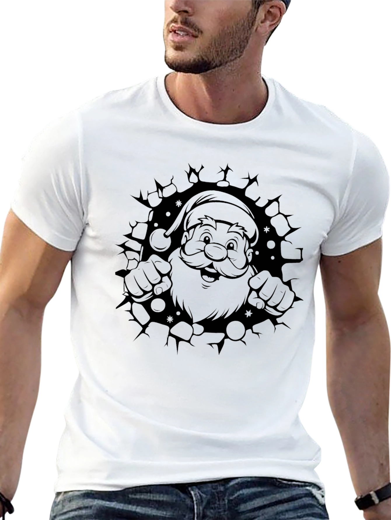 Camiseta Negra Navideña con Diseño de Santa Claus