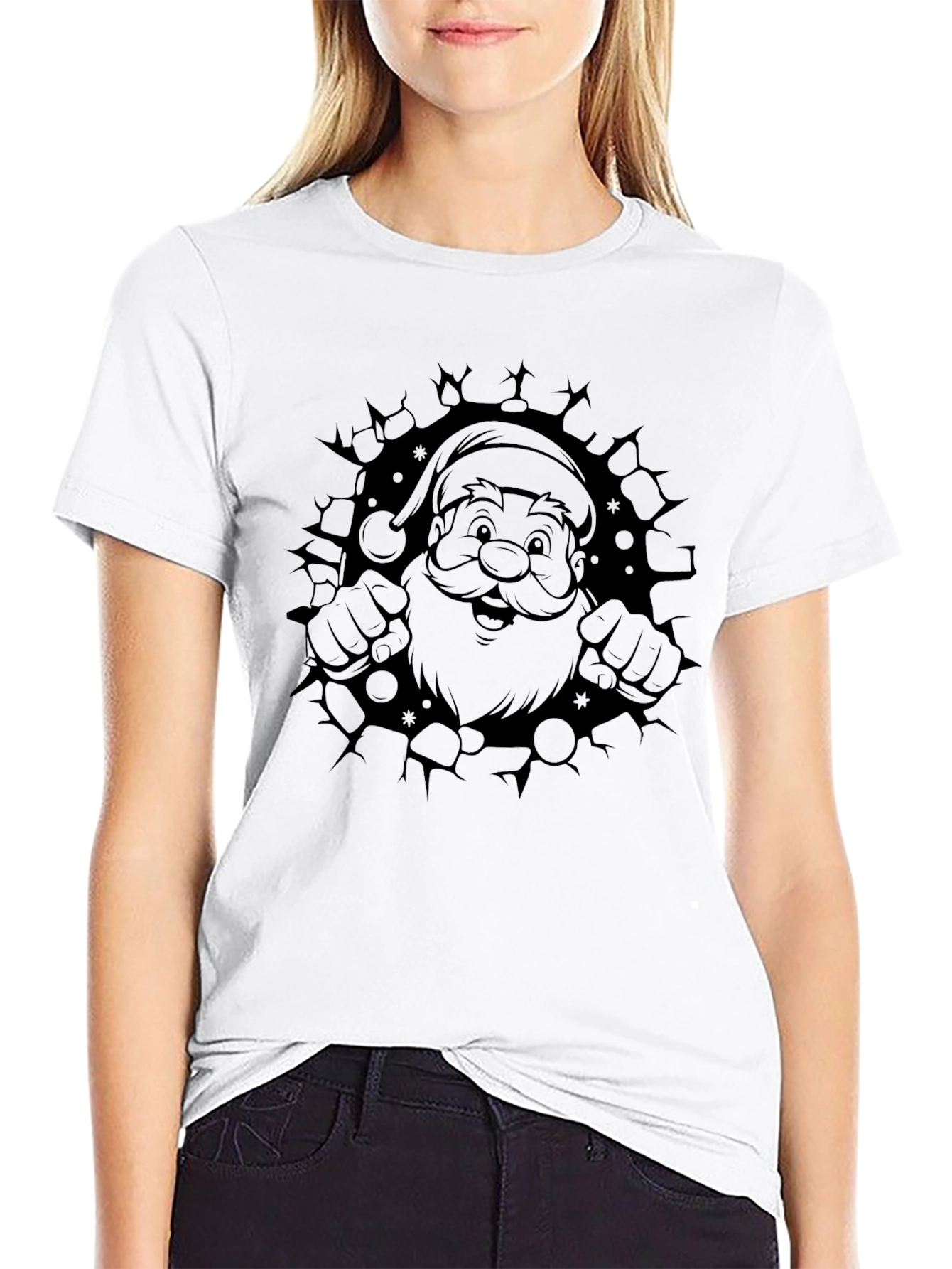 Camiseta Negra Navideña con Diseño de Santa Claus