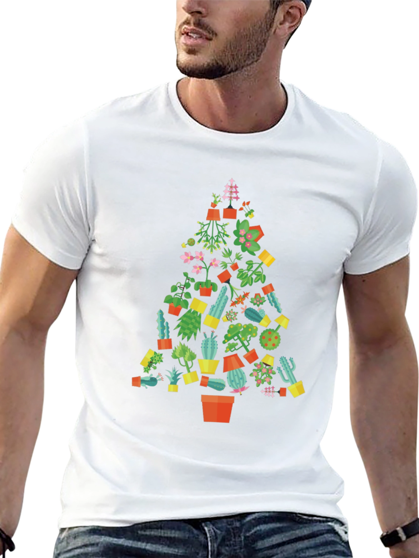 Camiseta Negra con Diseño de Árbol de Cactus Navideño