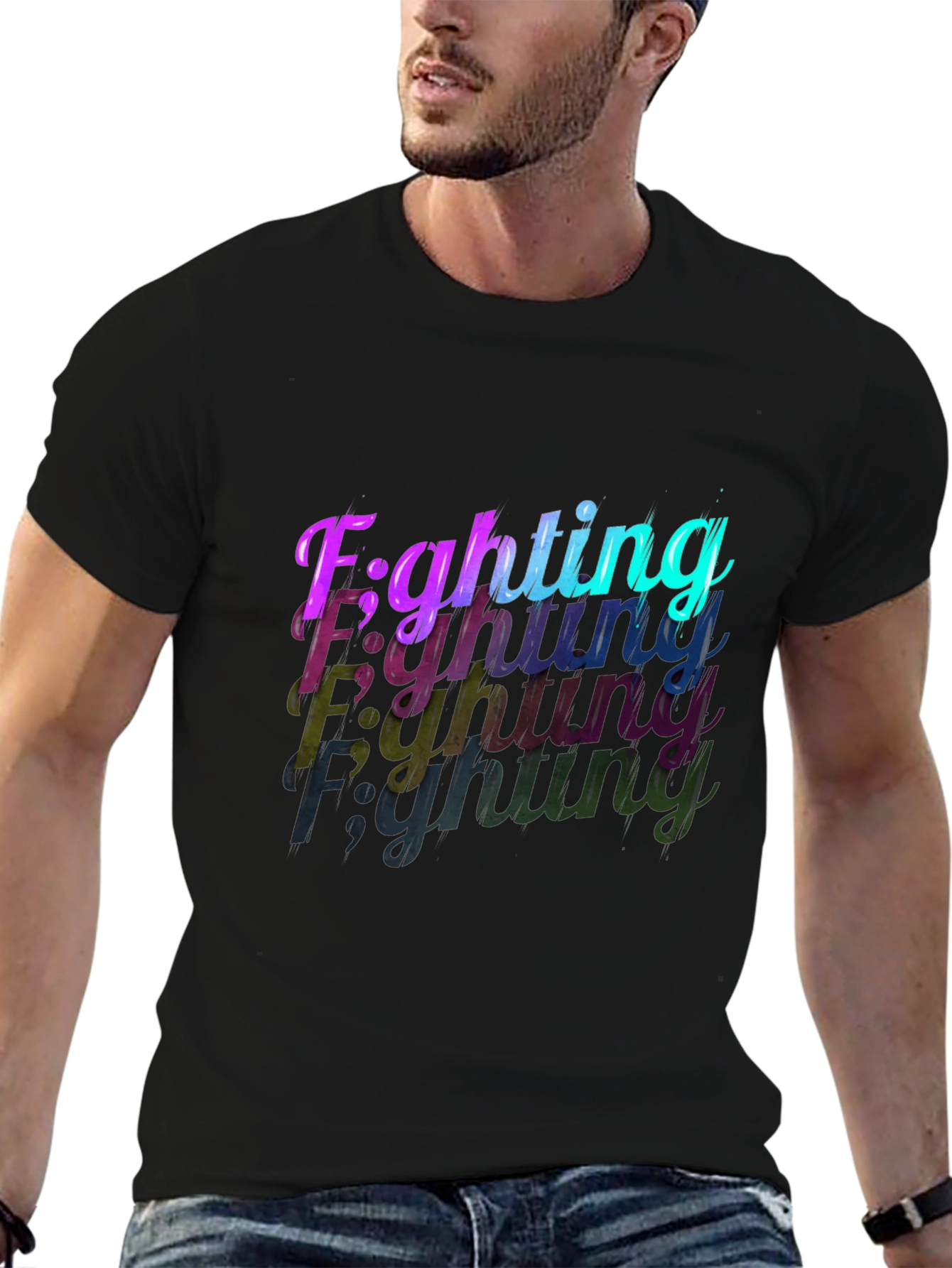 Camiseta Negra con Diseño Fighting en Degradado