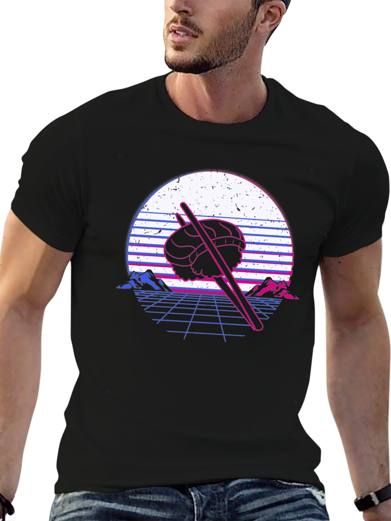Camiseta Negra con Diseño Sushi Retro
