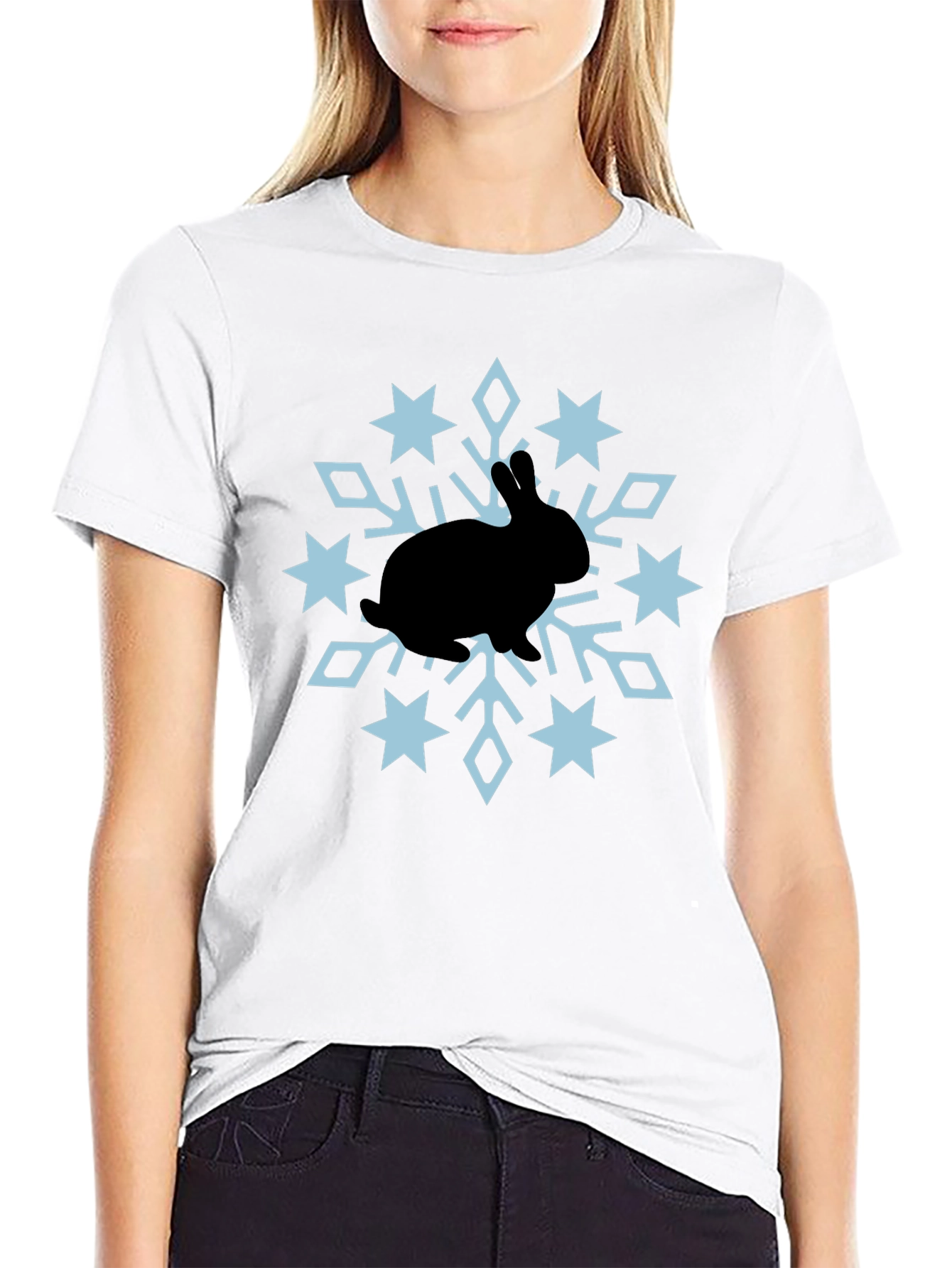 Camiseta Negra Conejo Copo Nieve Diseño Invierno