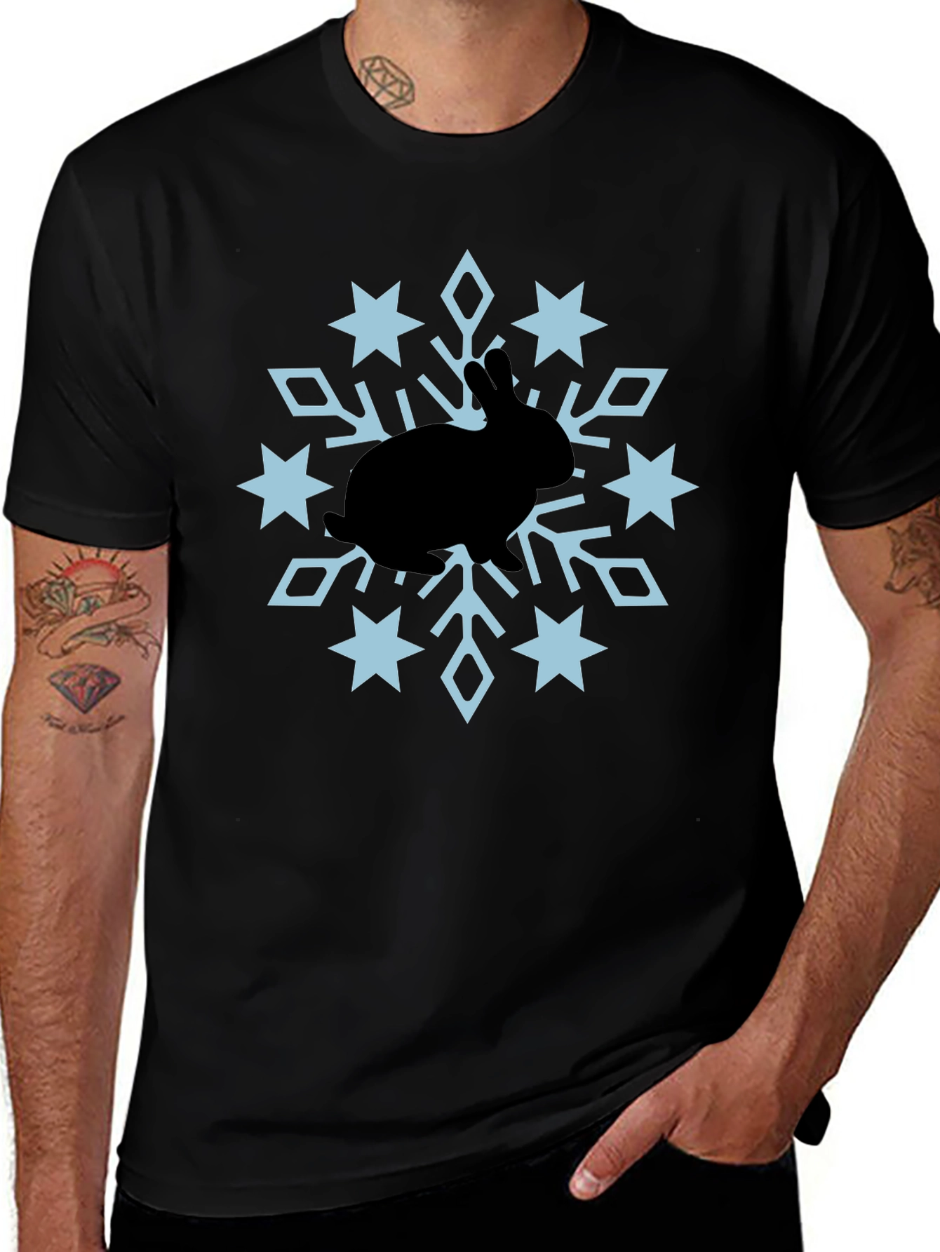 Camiseta Negra Conejo Copo Nieve Diseño Invierno