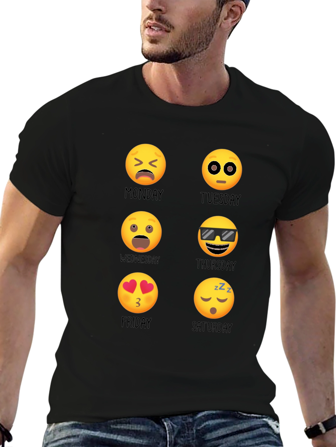 Camiseta Negra Emoji Días de la Semana Casual