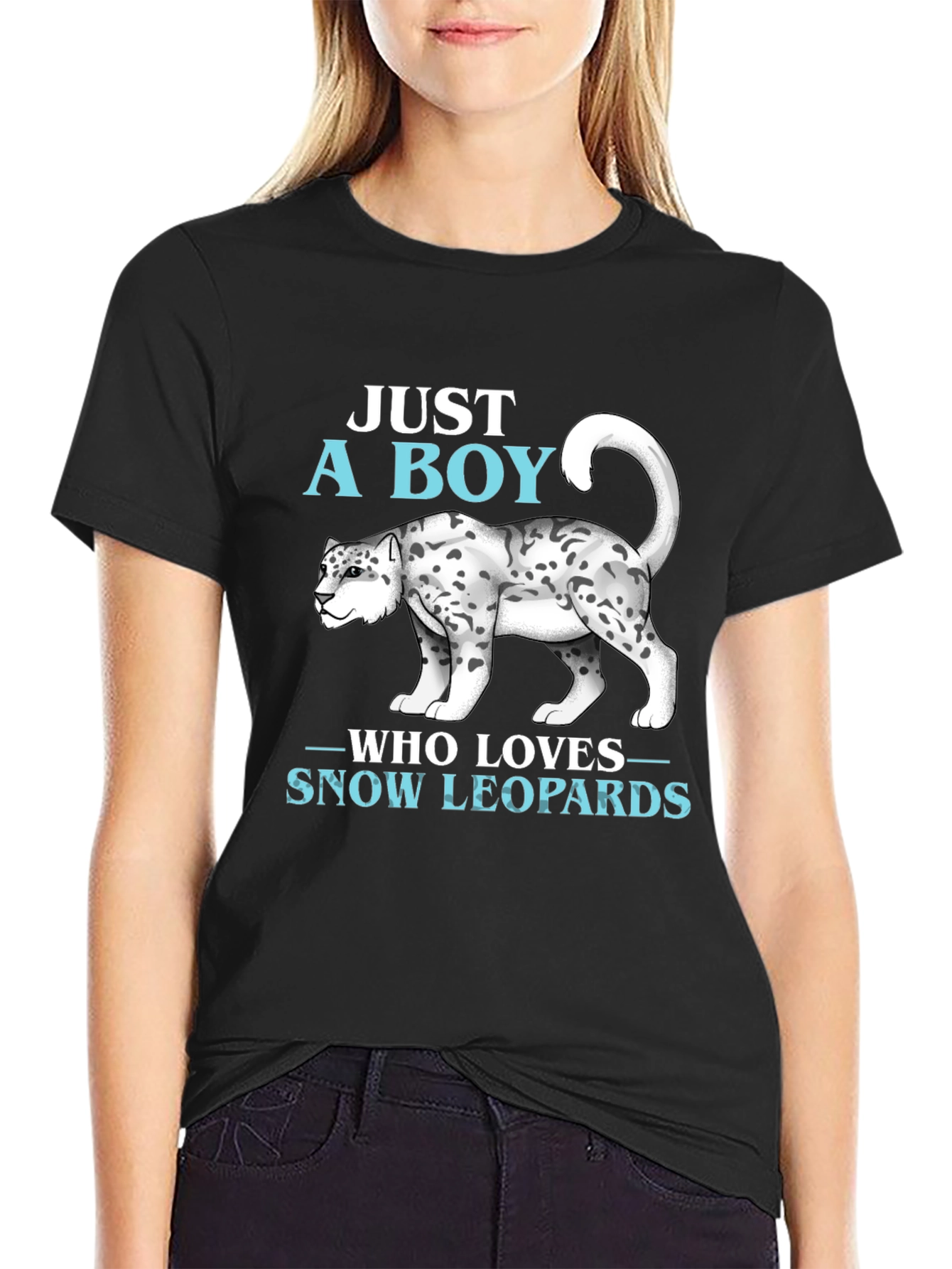 Camiseta Negra: Just A Boy Who Loves Snow Leopards