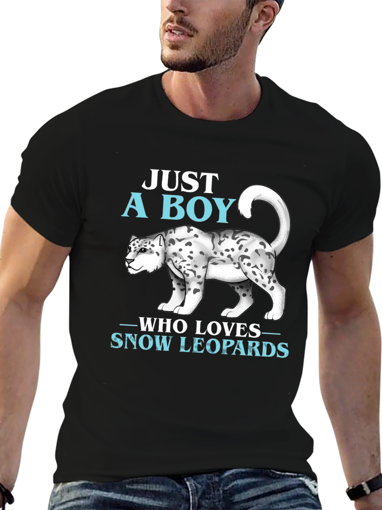 Camiseta Negra: Just A Boy Who Loves Snow Leopards