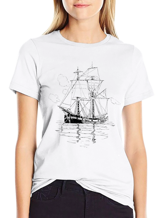Camiseta Negra Estampada Barco de Vela Vintage