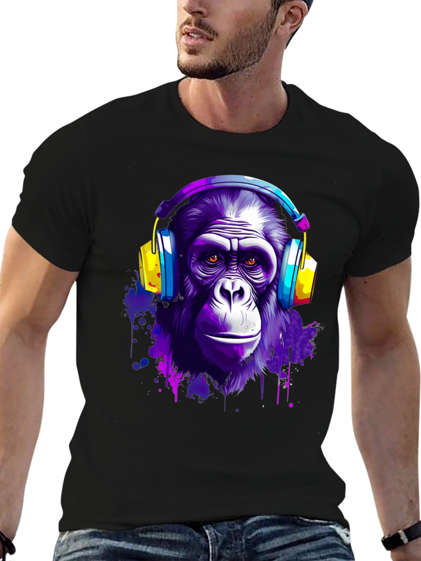 Camiseta Negra con Estampado de Mono con Auriculares