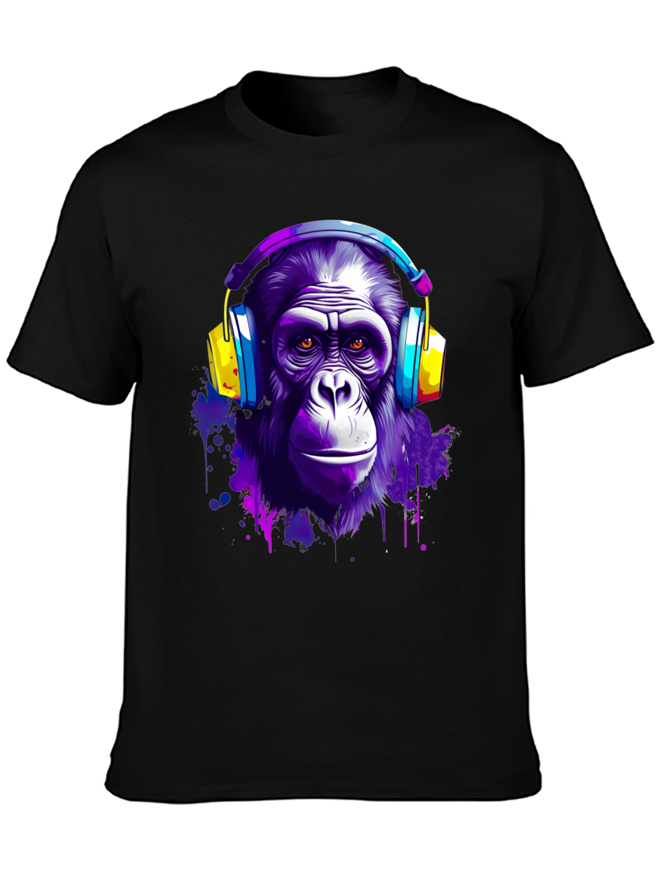 Camiseta Negra con Estampado de Mono con Auriculares