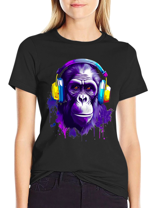 Camiseta Negra con Estampado de Mono con Auriculares