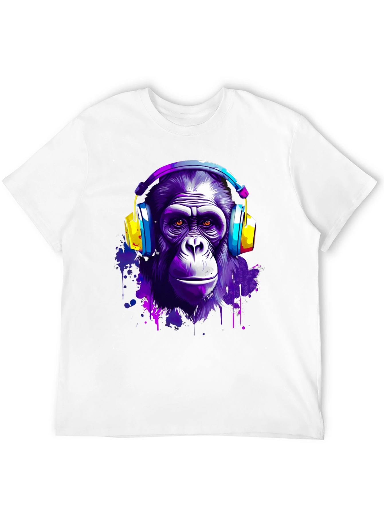 Camiseta Negra con Estampado de Mono con Auriculares