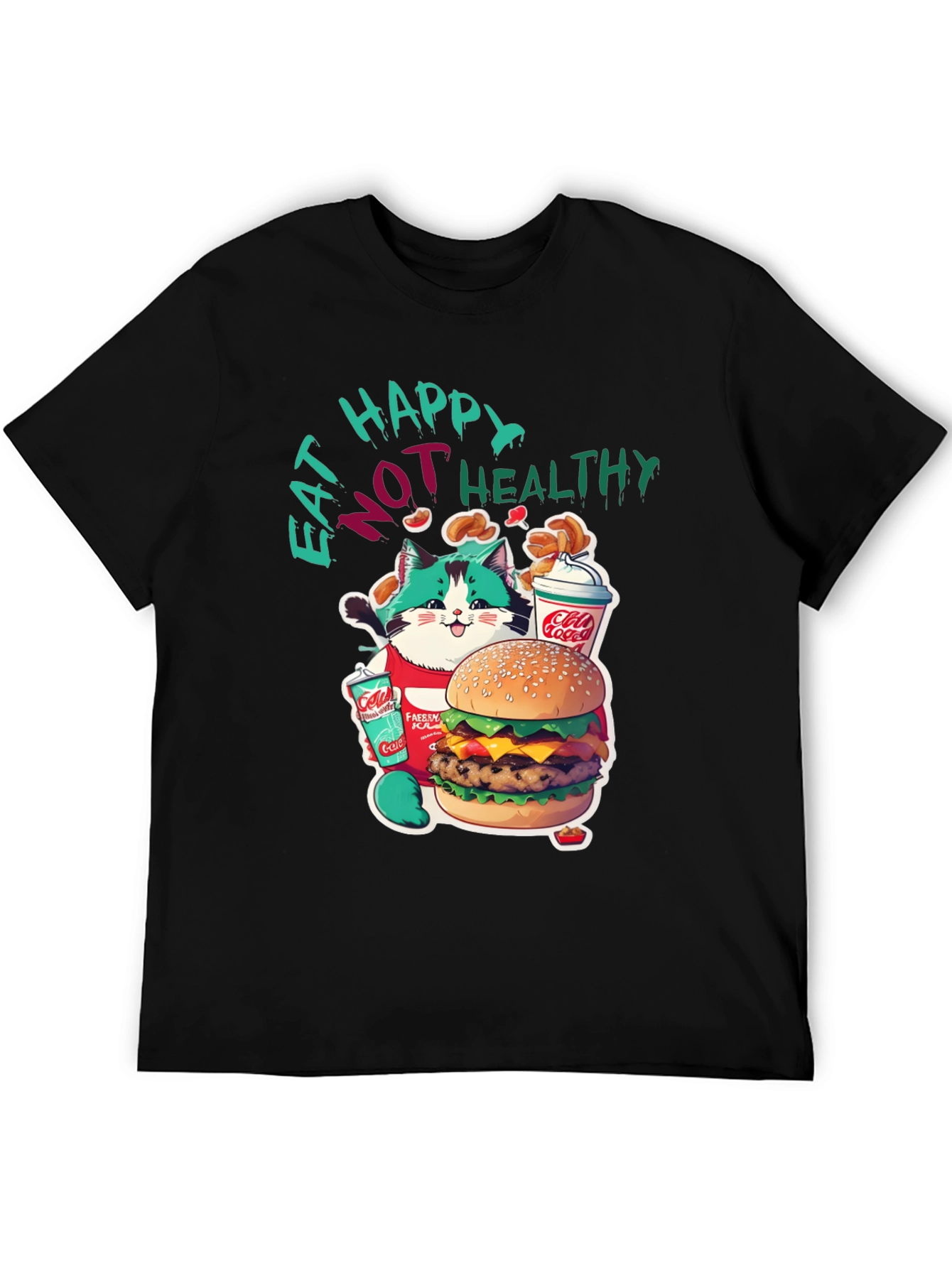 Camiseta Negra: Gato Glotón Come No Saludable