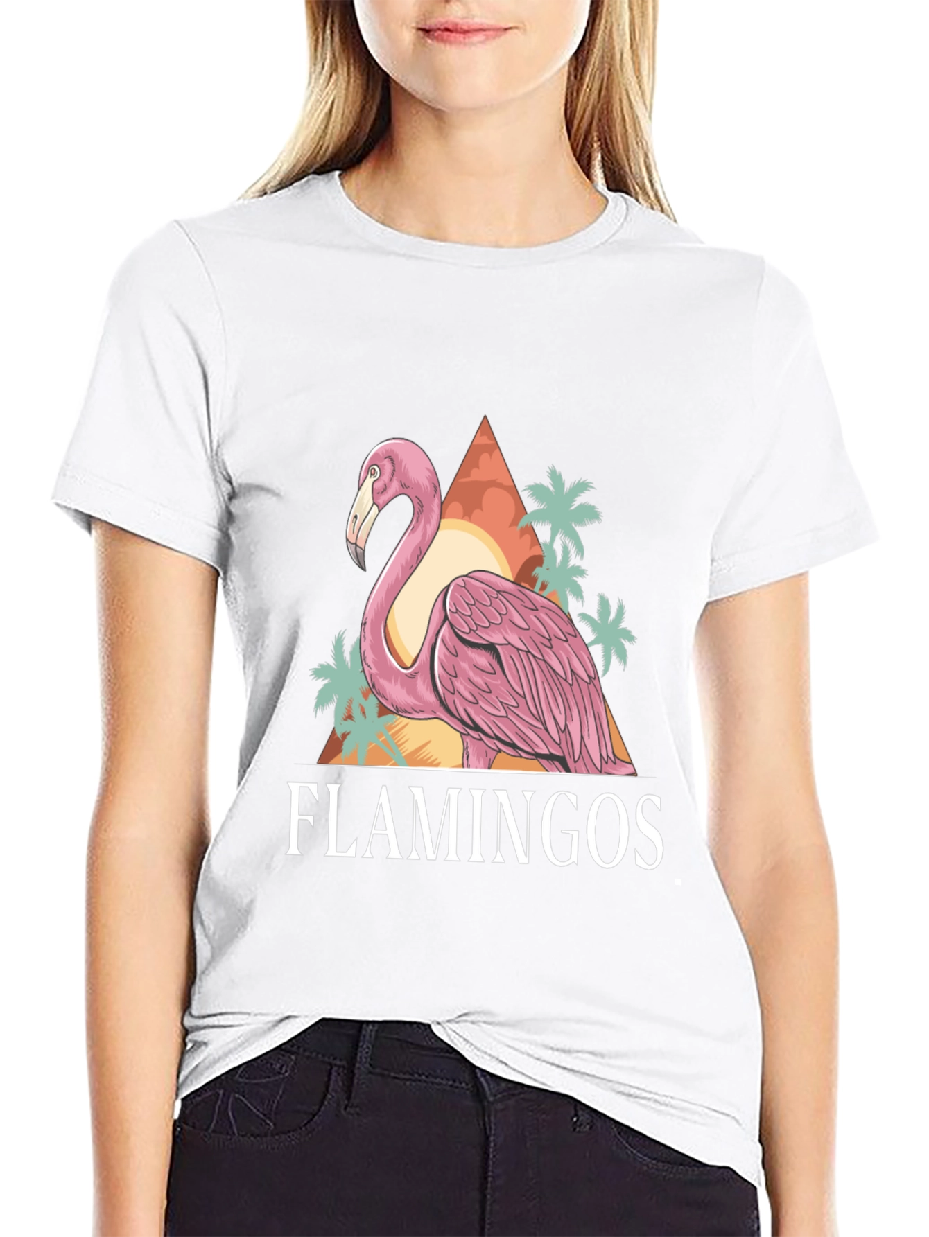 Camiseta Negra con Estampado de Flamencos Tropicales