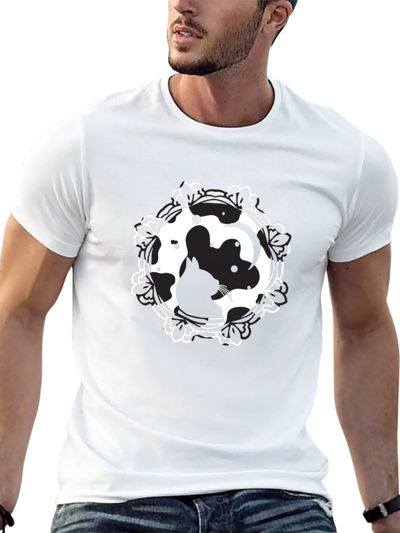 Camiseta Negra Estampado Ratón Yin Yang Casual Hombre
