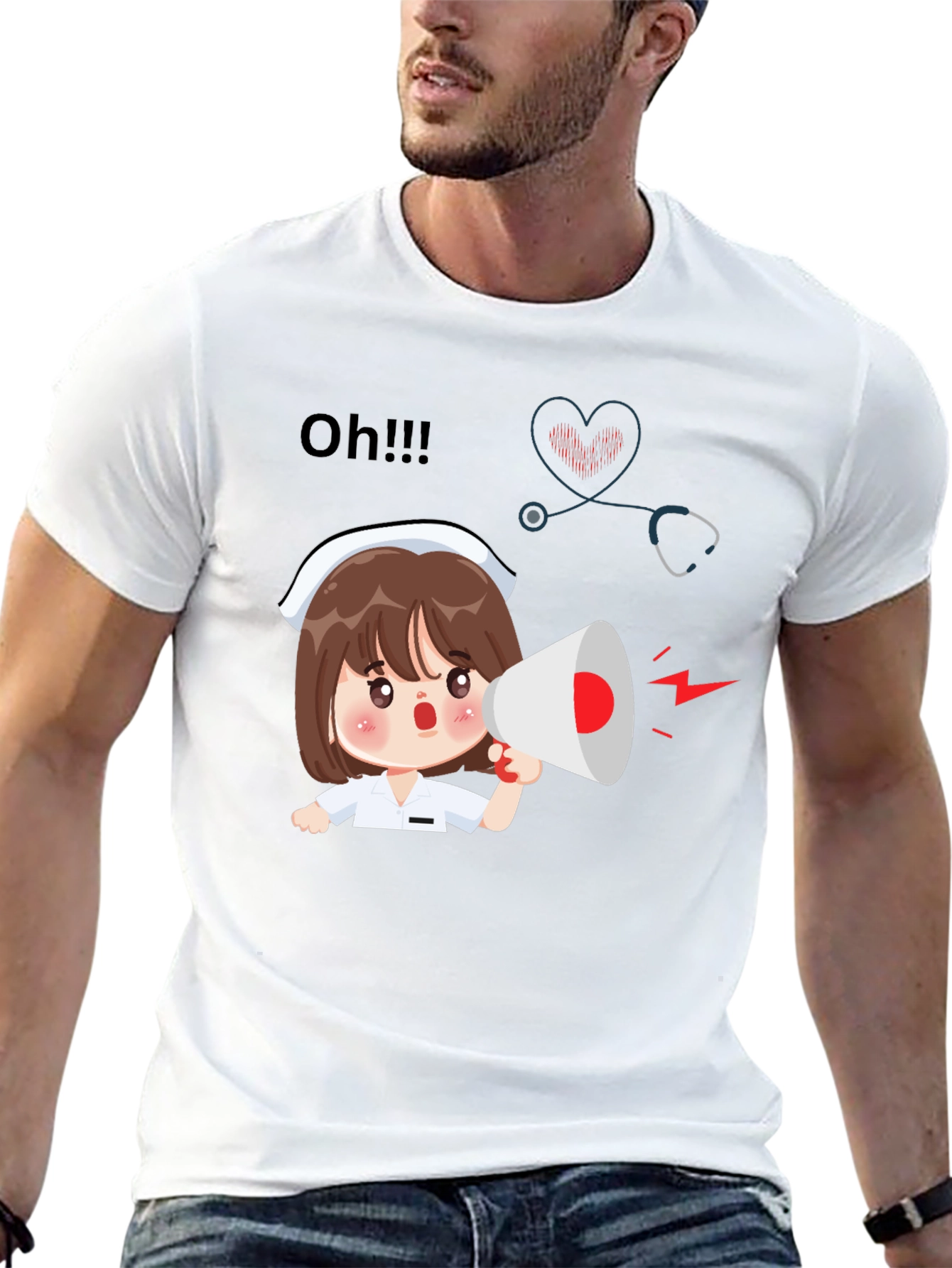 Camiseta Negra con Diseño de Enfermera Anunciando