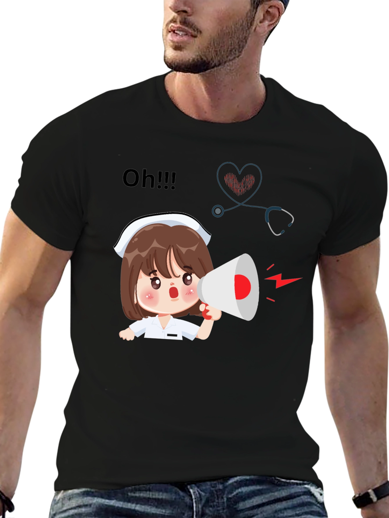 Camiseta Negra con Diseño de Enfermera Anunciando