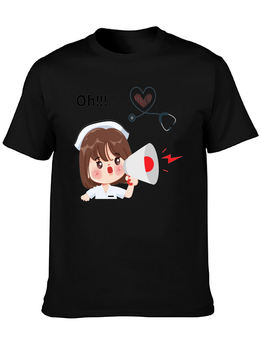 Camiseta Negra con Diseño de Enfermera Anunciando