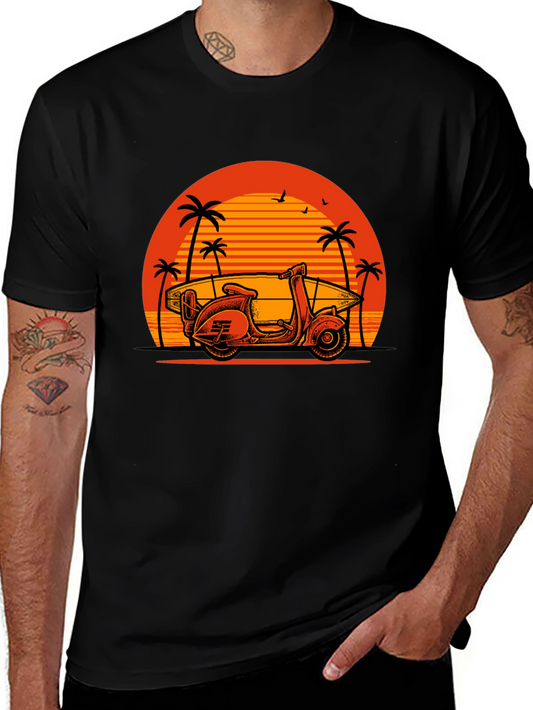 Camiseta Negra con Diseño de Moto y Palmeras