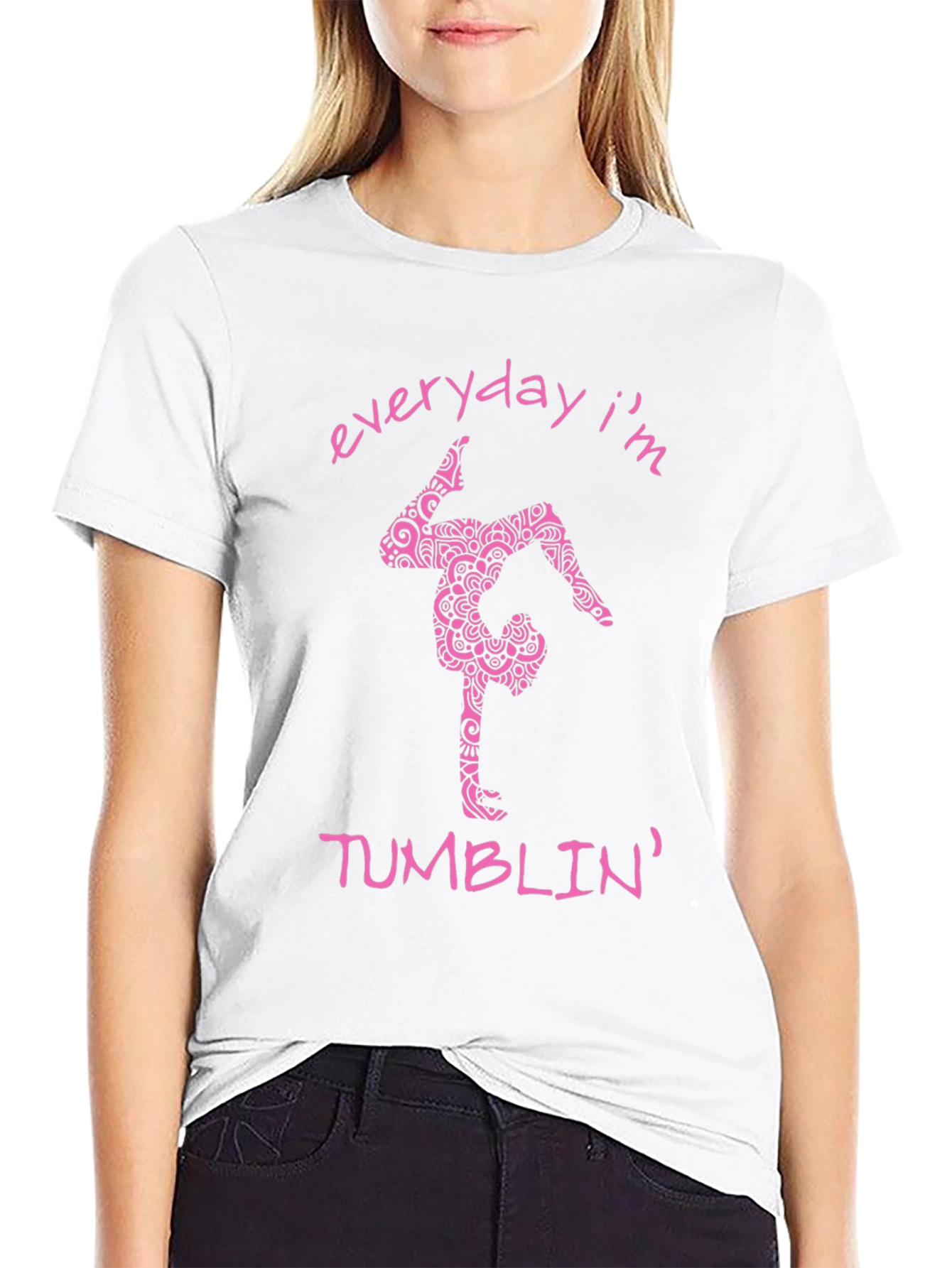 Camiseta Negra con Diseño de Gimnasta Rosada
