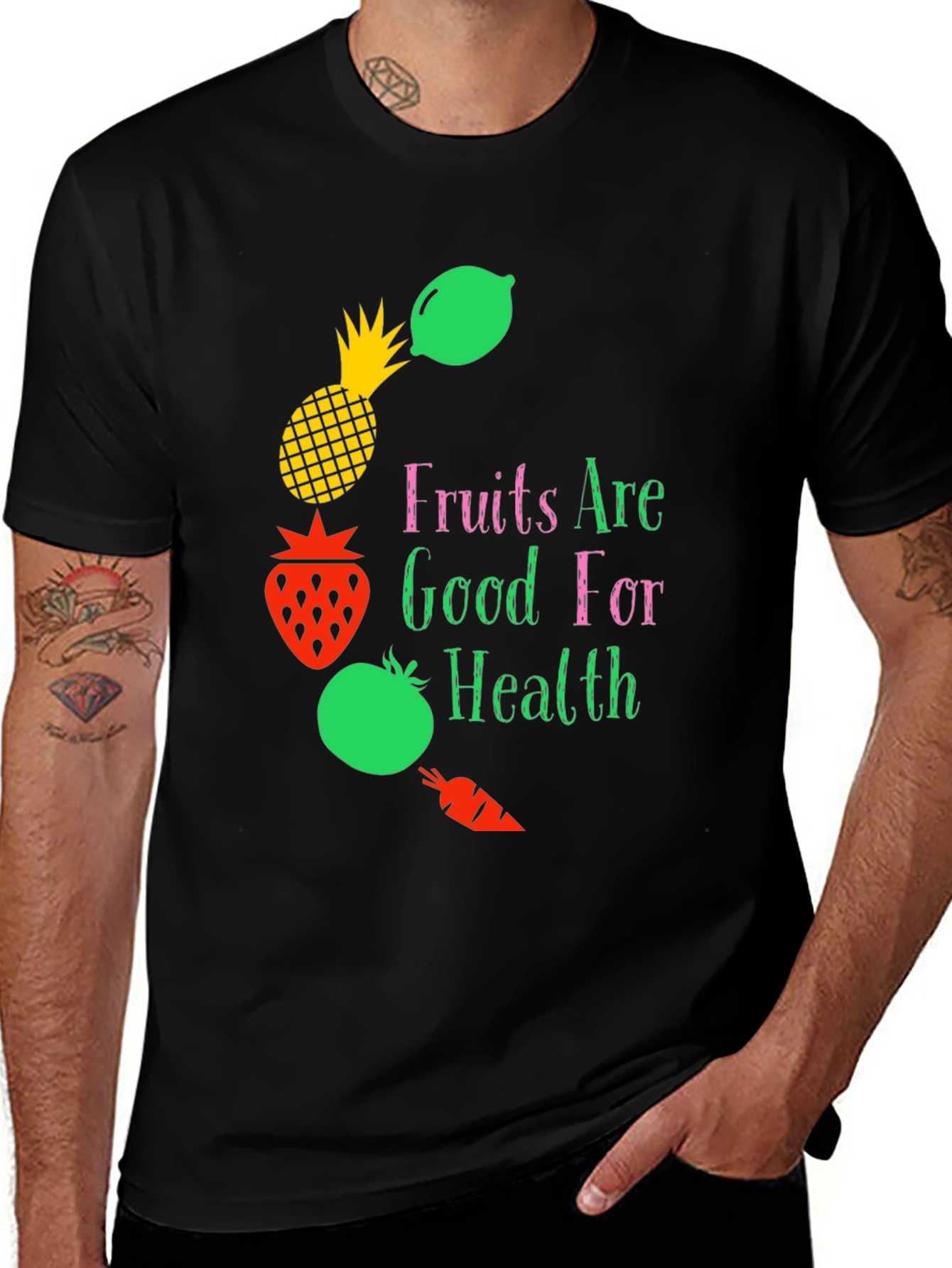 Camiseta Negra con Diseño Frutas y Salud