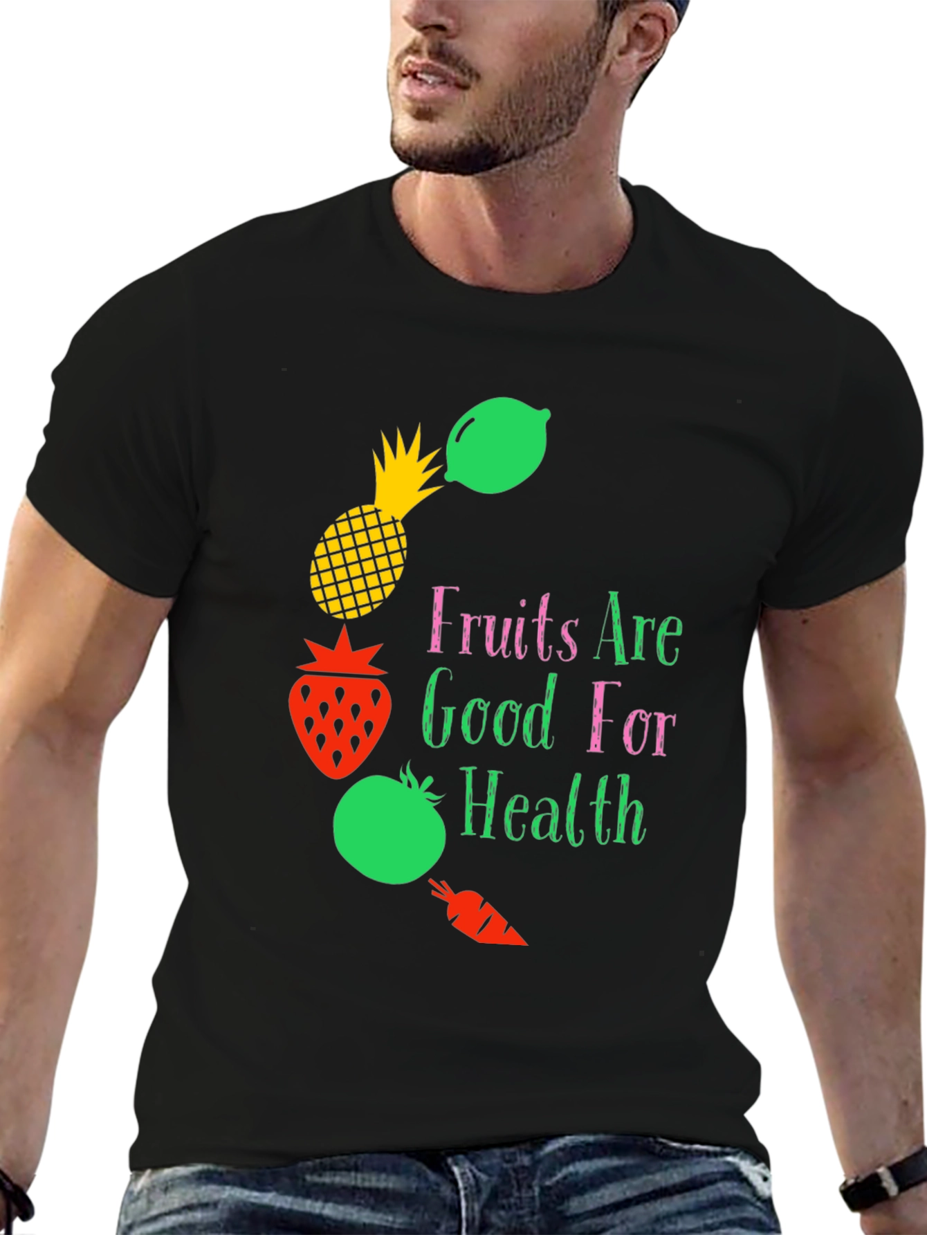 Camiseta Negra con Diseño Frutas y Salud