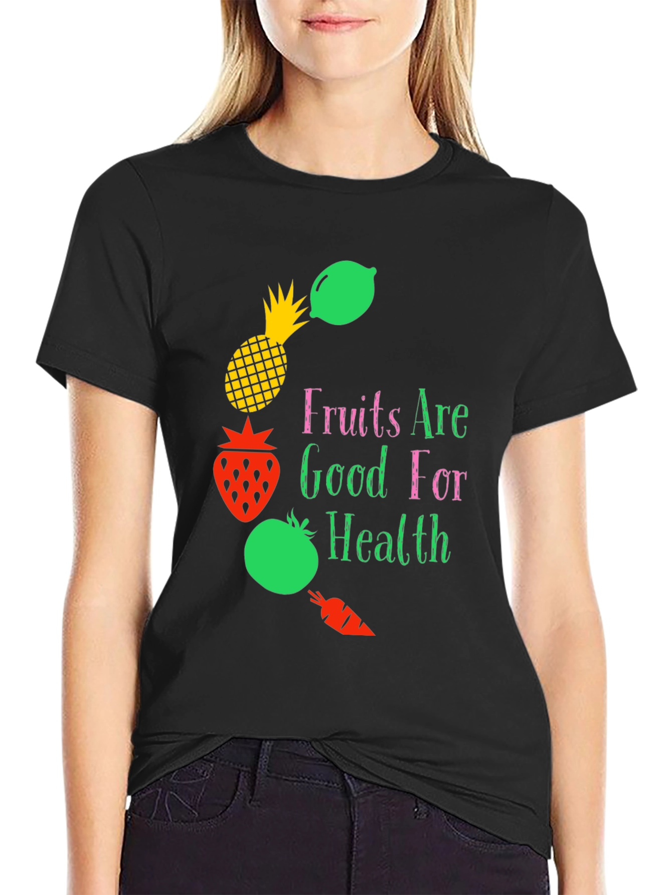 Camiseta Negra con Diseño Frutas y Salud