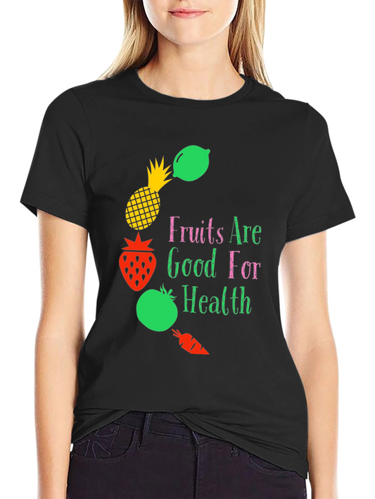 Camiseta Negra con Diseño Frutas y Salud