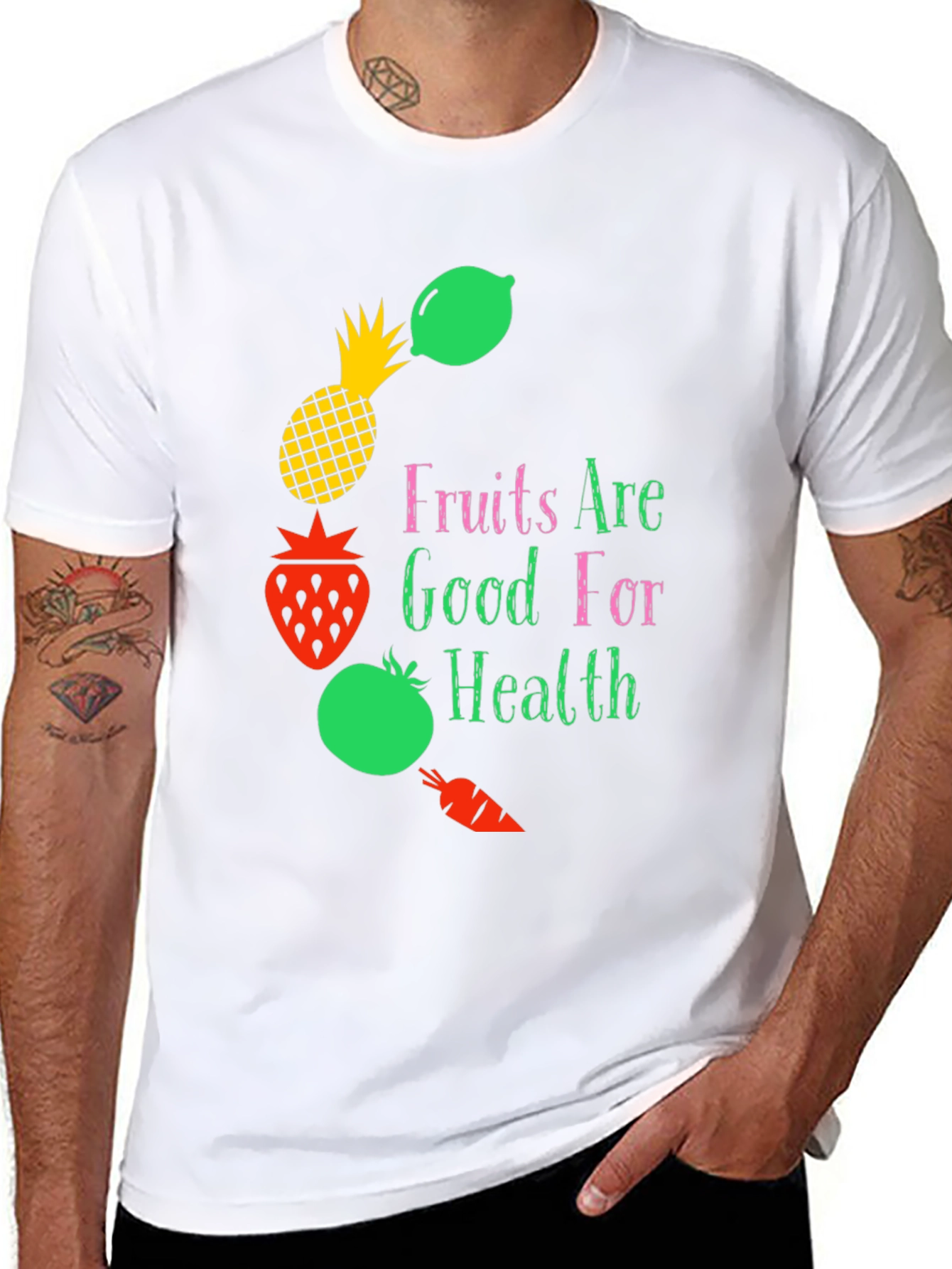 Camiseta Negra con Diseño Frutas y Salud