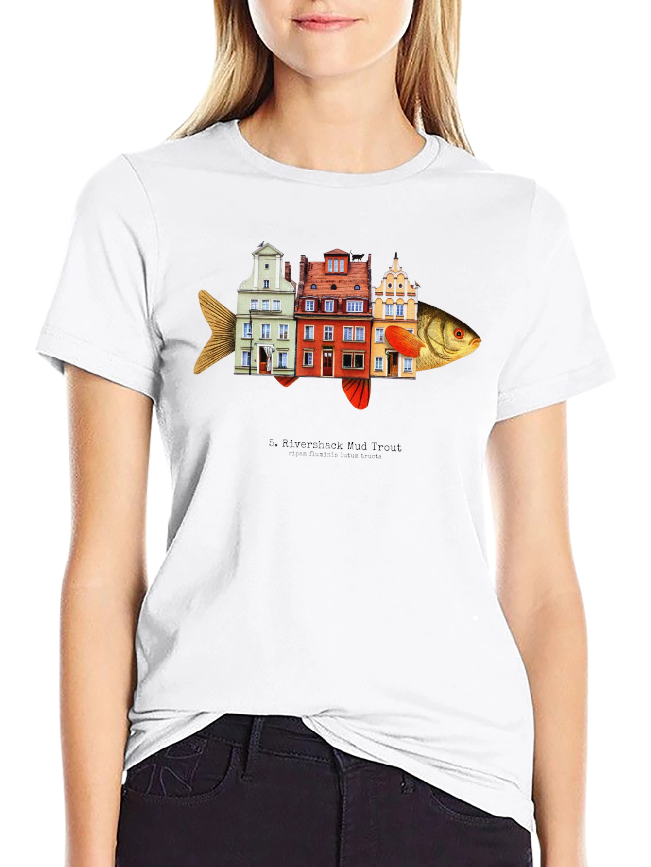 Camiseta Negra con Diseño de Pez-Edificios