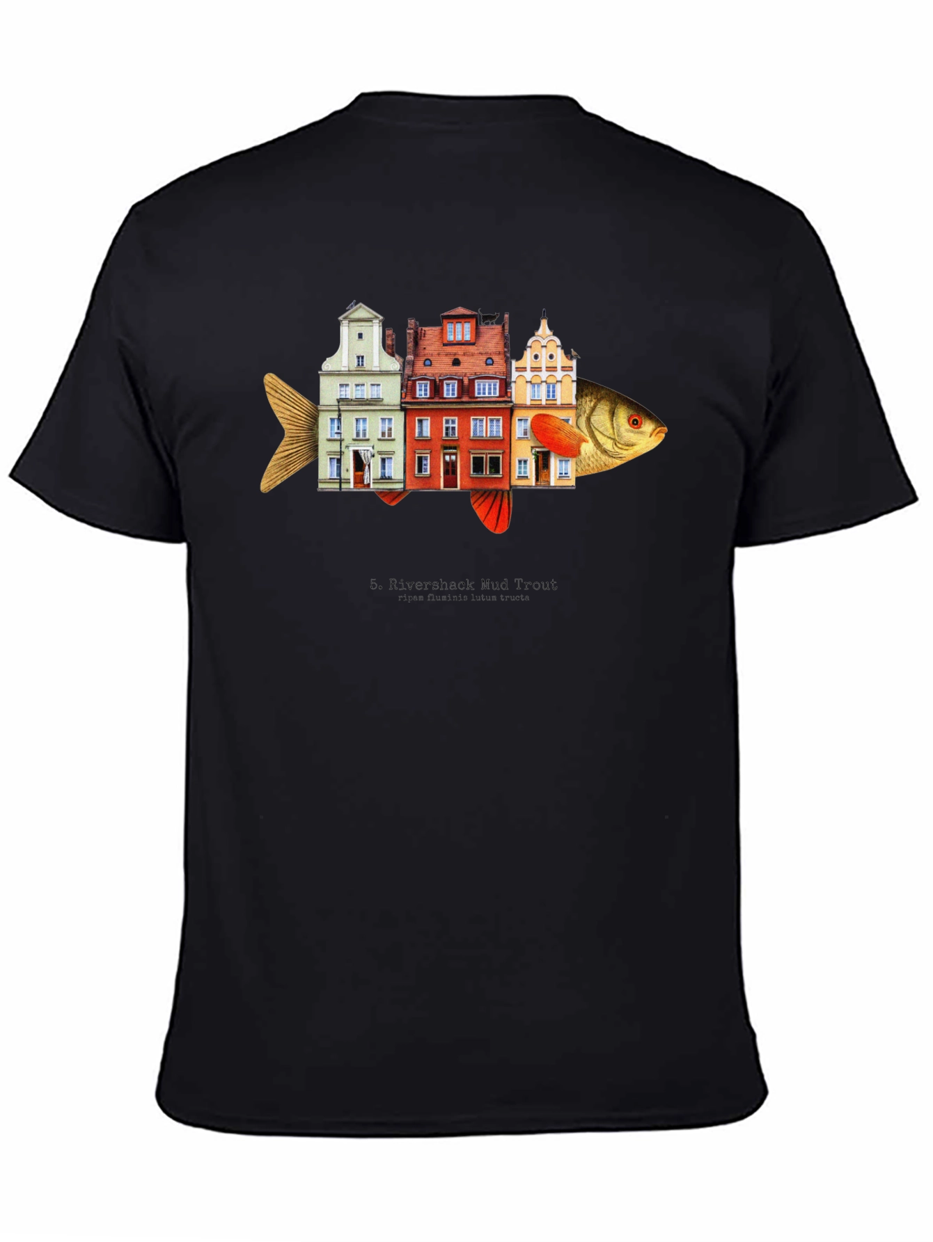 Camiseta Negra con Diseño de Pez-Edificios