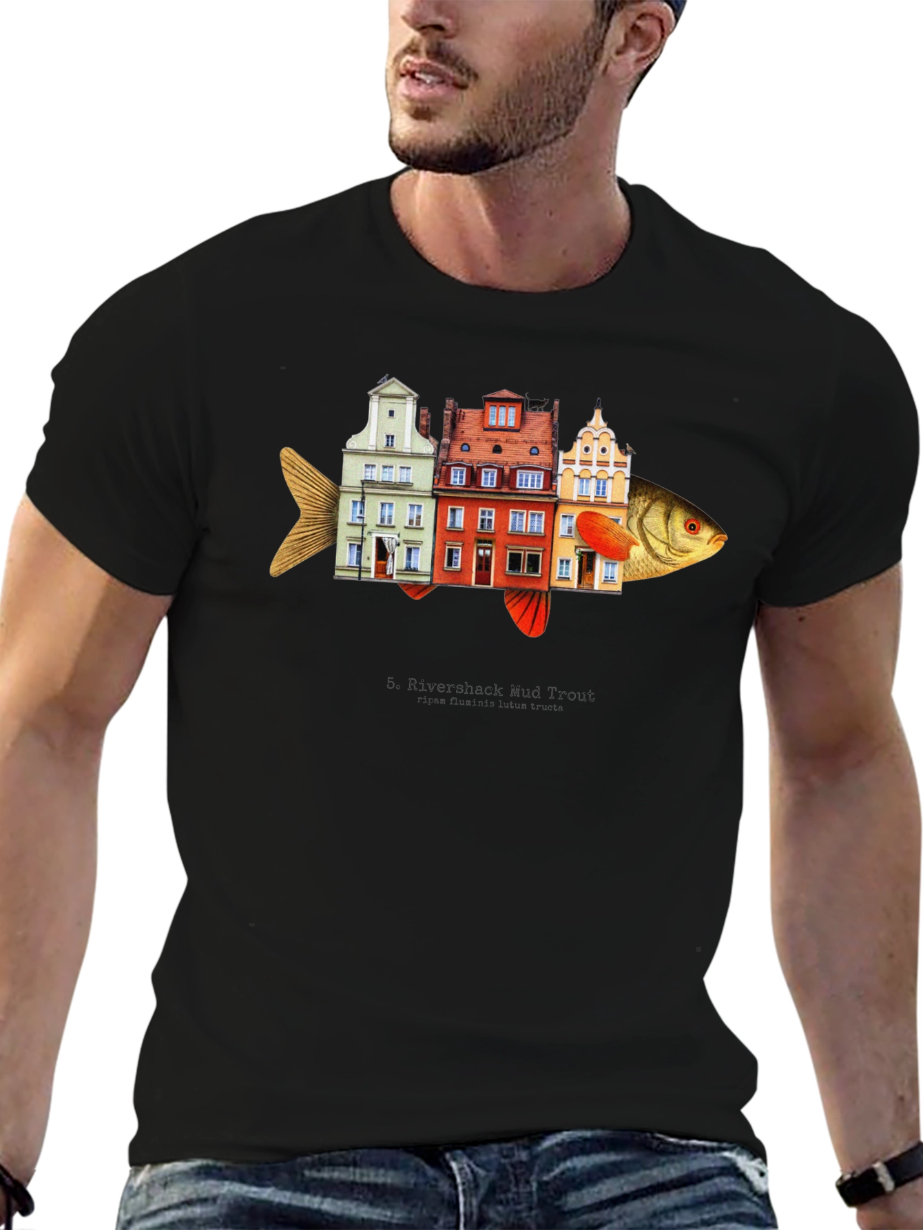 Camiseta Negra con Diseño de Pez-Edificios