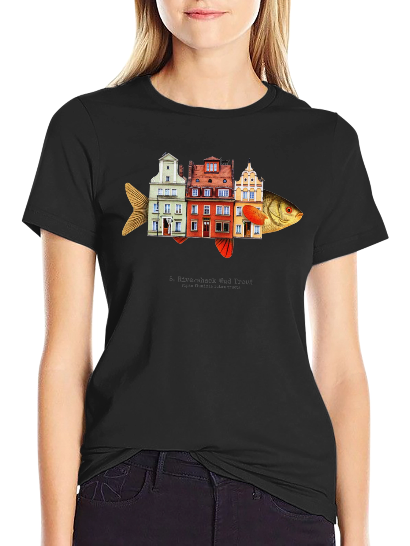 Camiseta Negra con Diseño de Pez-Edificios