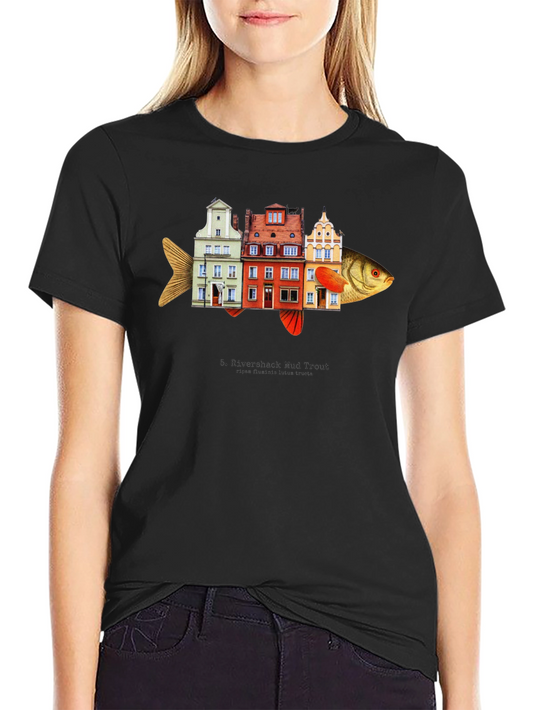 Camiseta Negra con Diseño de Pez-Edificios